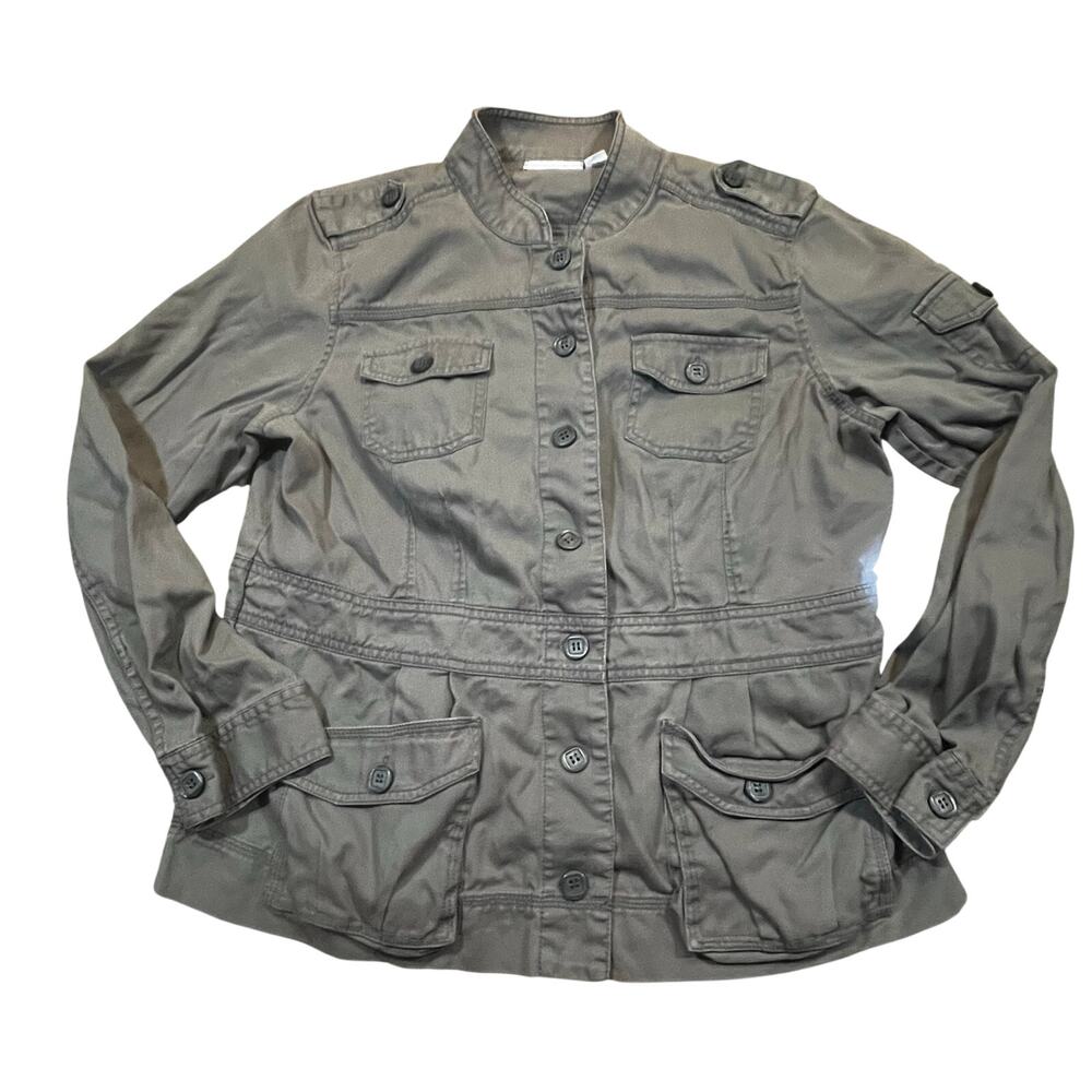 Chico’s Utility Military Jacket Green Button Front Cargo Pockets Womens Size 2/L